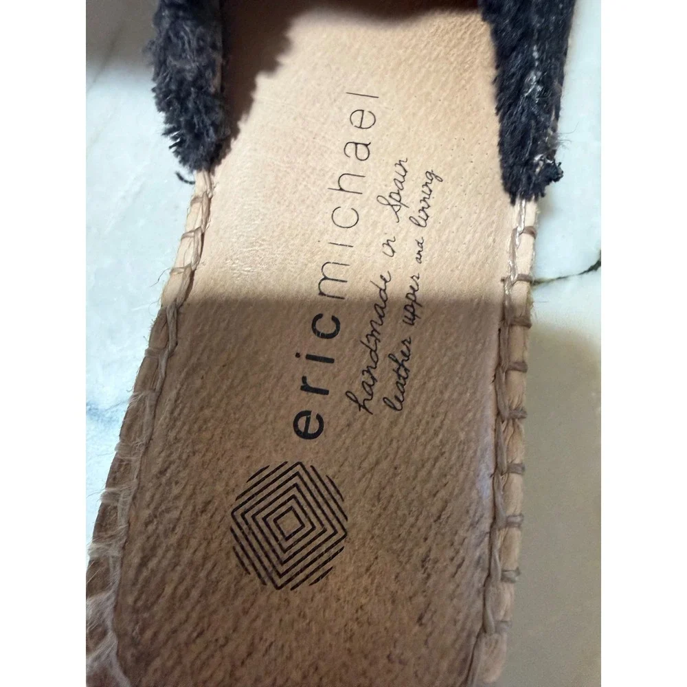 Eric Michael Handmade in Spain Black Shimmer Fringe Espadrille Slides Sz 39 8.5